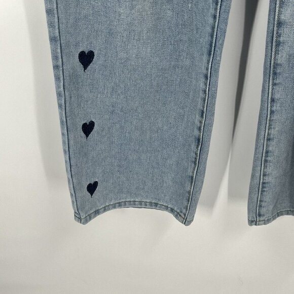 Romwe Wide Leg High Rise Jeans Light Wash Hearts Sz 4 Small - Picture 2 of 7